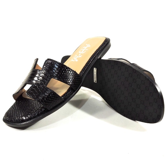 ALESSANDRO DI MARIA 🇮🇹 WOMEN'S BLACK LEATHER FLAT SUMMER SANDALS - Picture 6 of 8